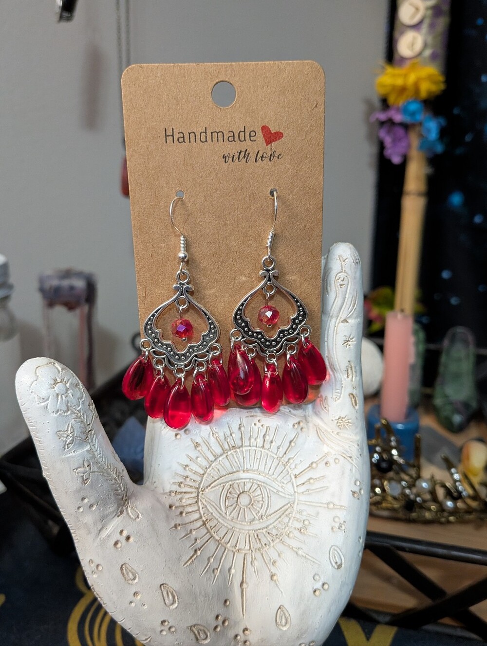 Handmade Silver Red Teardrop Chandelier Earrings With Sterling Silver Hooks